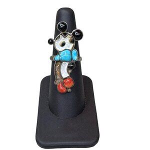 Zuni Mickey Inlaid Handmade Sterling Silver Ring Size 6.25 Turquoise Coral READ